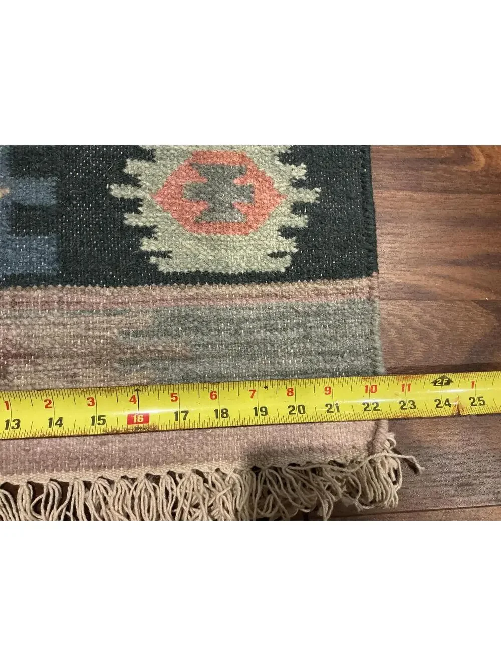 Vintage Handwoven Kilim Southwestern Style Small Wool Area Rug with Fringe